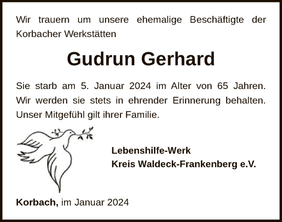 Traueranzeige von Gudrun Gerhard von WLZ