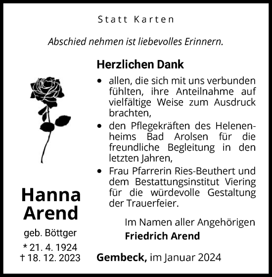 Traueranzeige von Hanna Arend von WLZ