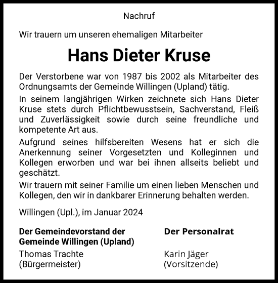 Traueranzeige von Hans Dieter Kruse von WLZ