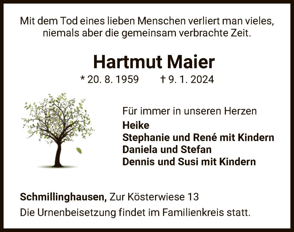  Traueranzeige für Hartmut Maier vom 13.01.2024 aus WLZ