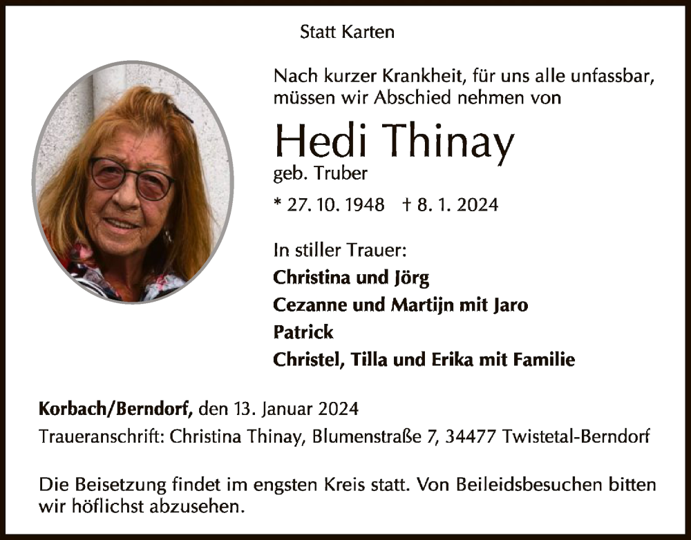  Traueranzeige für Hedi Thinay vom 13.01.2024 aus WLZ