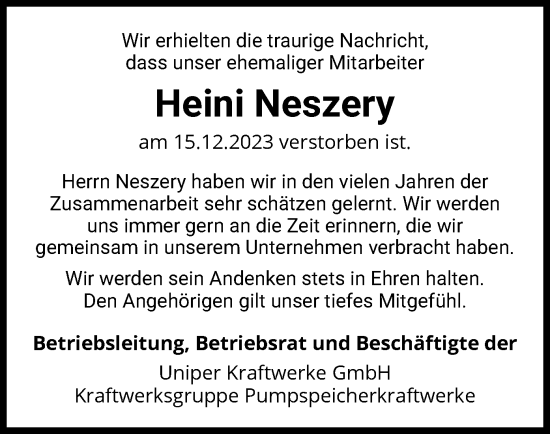 Traueranzeige von Heini Neszery von WLZ