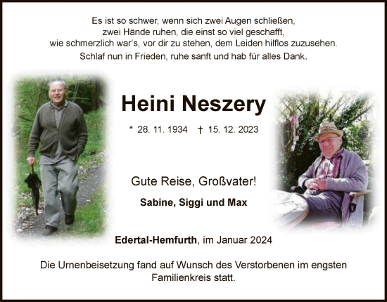 Traueranzeige von Heini Neszery von WLZ