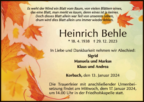 Traueranzeige von Heinrich Behle von WLZ