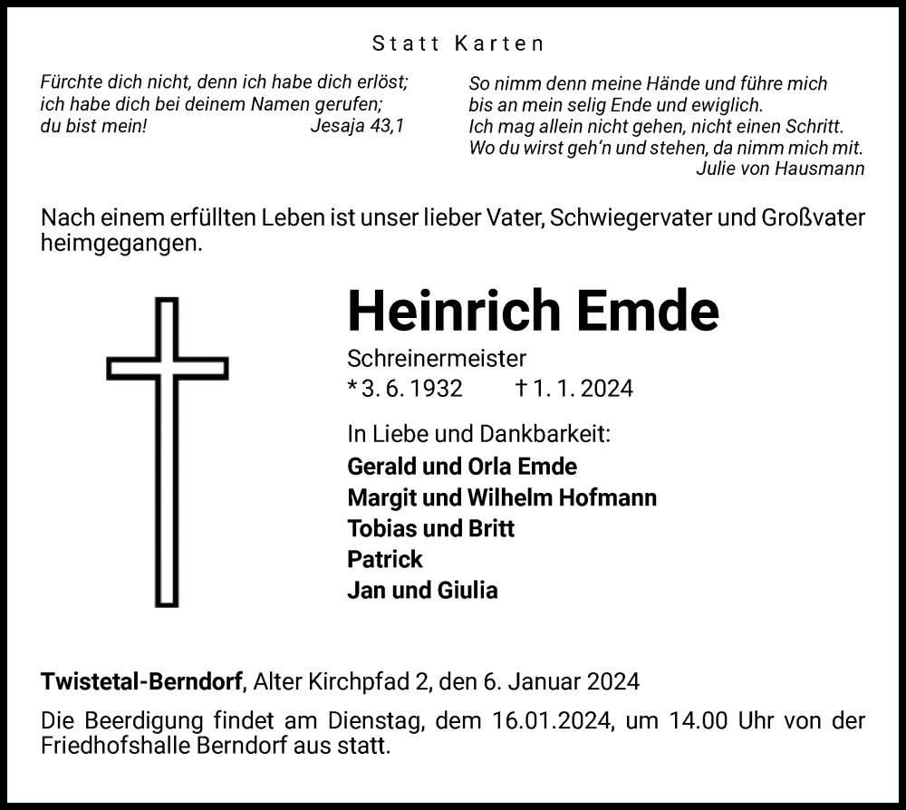  Traueranzeige für Heinrich Emde vom 06.01.2024 aus WLZ