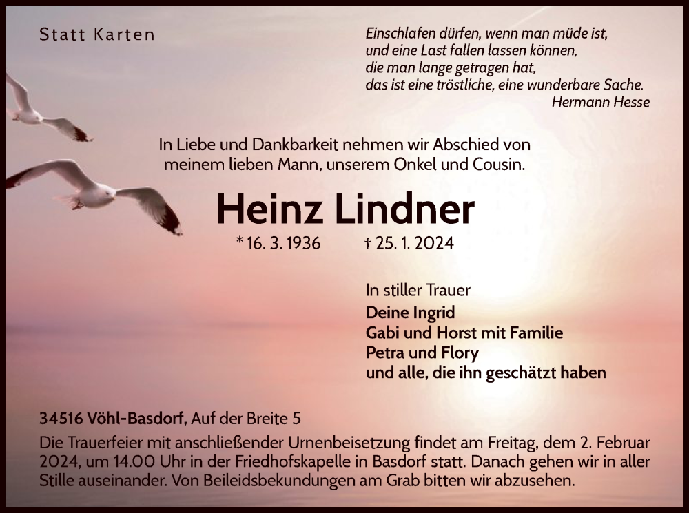  Traueranzeige für Heinz Lindner vom 30.01.2024 aus WLZ