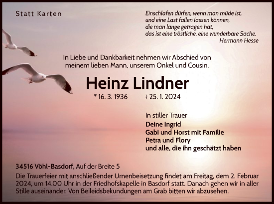 Traueranzeige von Heinz Lindner von WLZ