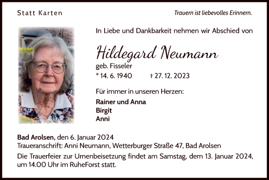 Traueranzeige von Hildegard Neumann von WLZ