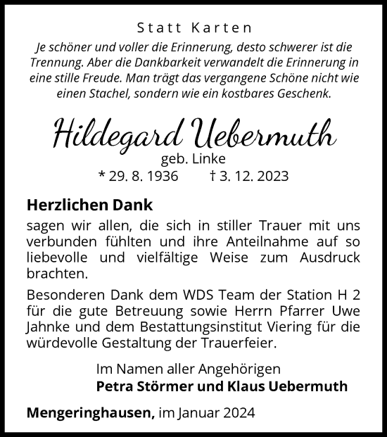 Traueranzeige von Hildegard Uebermuth von WLZ