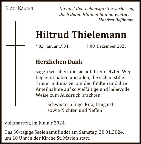 Traueranzeige von Hiltrud Thielemann von WLZ