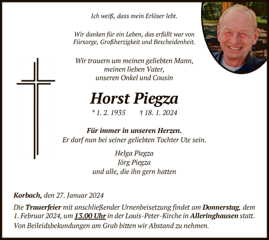 Traueranzeige von Horst Piegza von WLZ