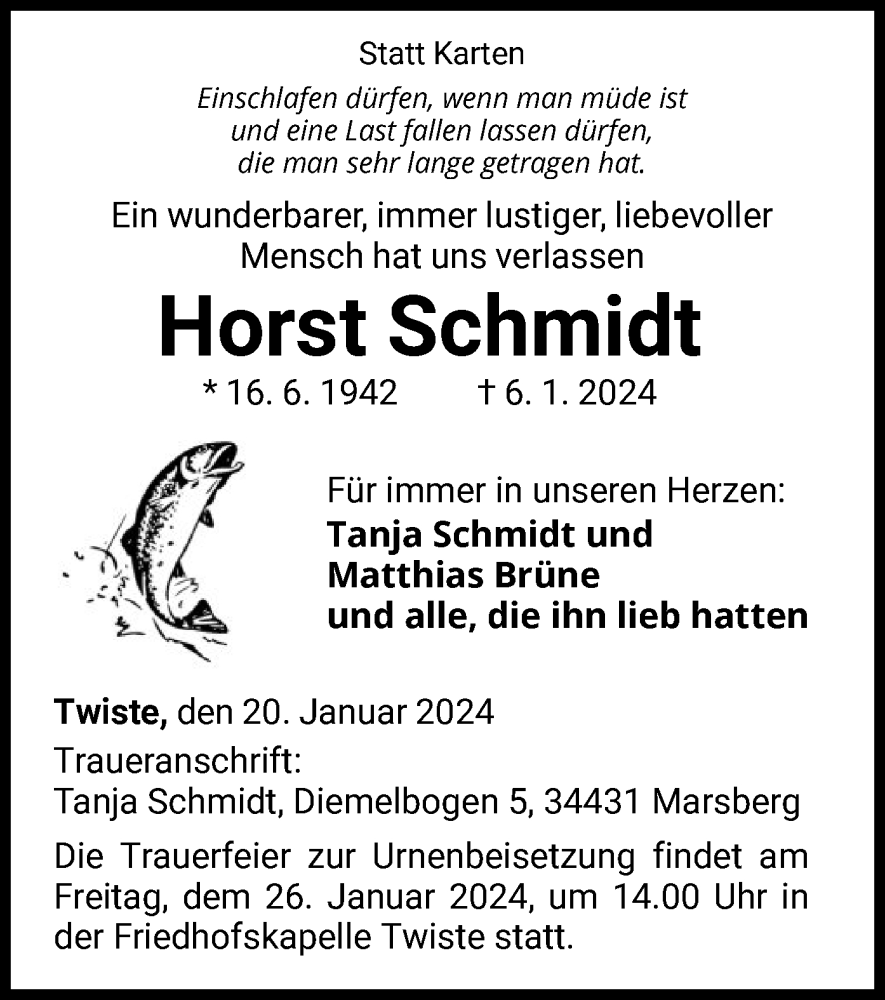  Traueranzeige für Horst Schmidt vom 20.01.2024 aus WLZ