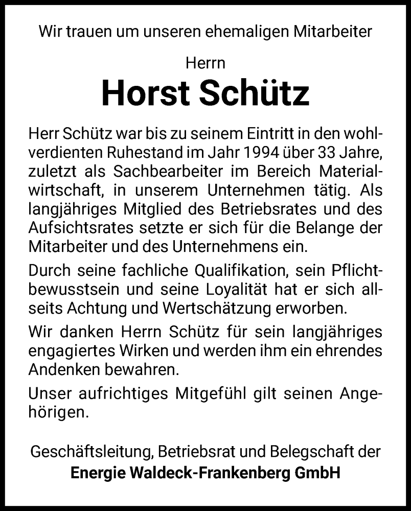  Traueranzeige für Horst Schütz vom 06.01.2024 aus WLZ