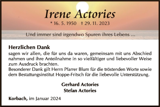Traueranzeige von Irene Actories von WLZ