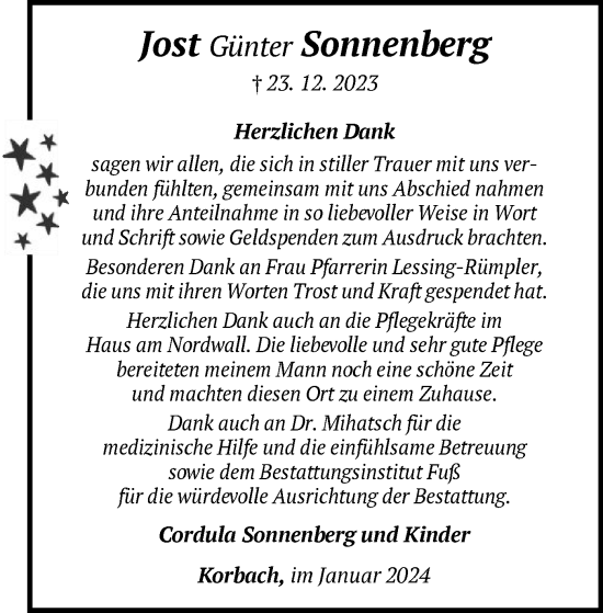 Traueranzeige von Jost Günter Sonnenberg von WLZ