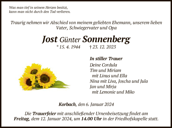 Traueranzeige von Jost Günter Sonnenberg von WLZ