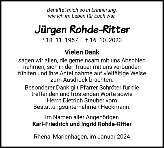 Traueranzeige von Jürgen Rohde-Ritter von WLZ