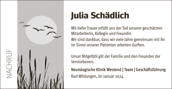 Traueranzeige von Julia Schädlich von WLZ