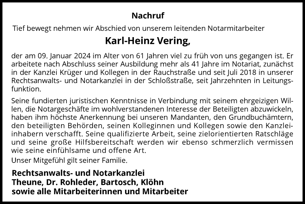  Traueranzeige für Karl-Heinz Vering vom 18.01.2024 aus WLZ