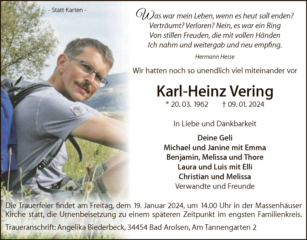  Traueranzeige für Karl-Heinz Vering vom 13.01.2024 aus WLZ