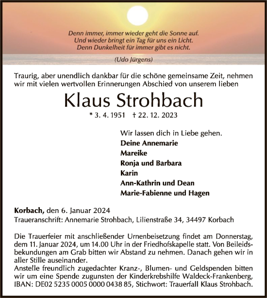 Traueranzeige von Klaus Strohbach von WLZ