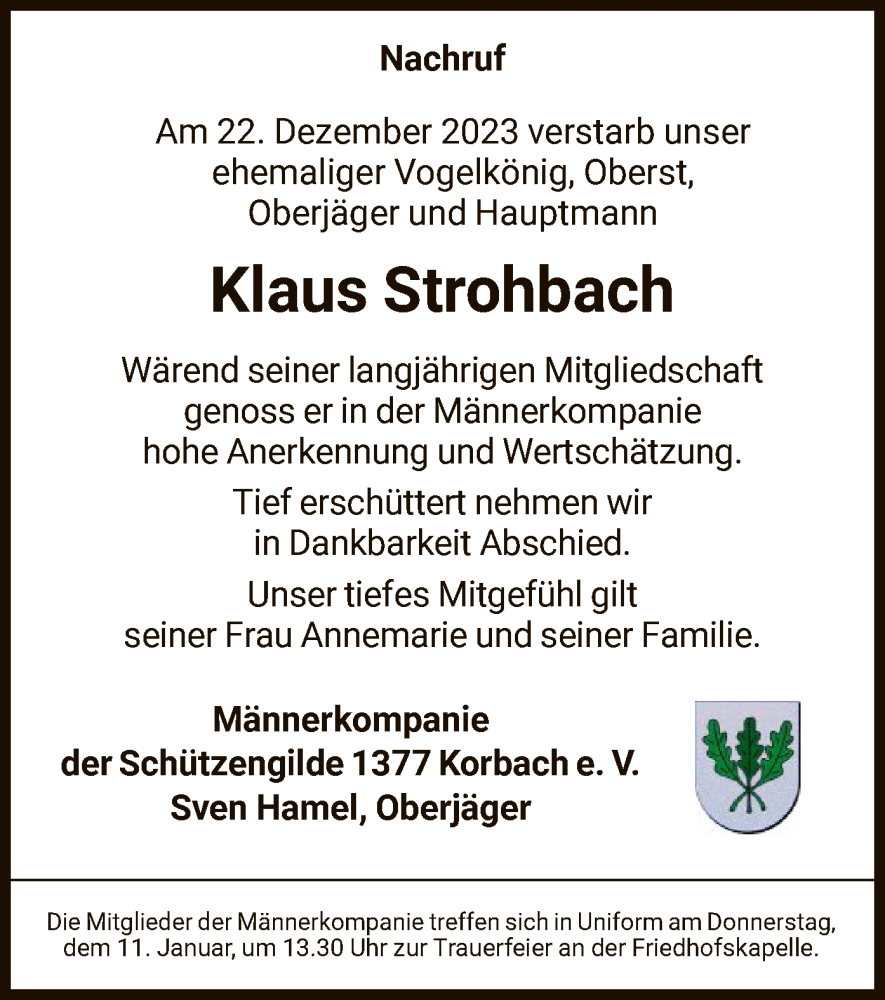  Traueranzeige für Klaus Strohbach vom 06.01.2024 aus WLZ
