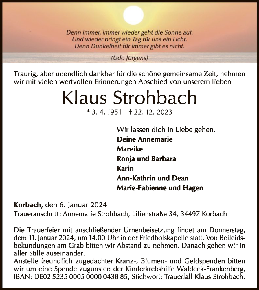  Traueranzeige für Klaus Strohbach vom 06.01.2024 aus WLZ