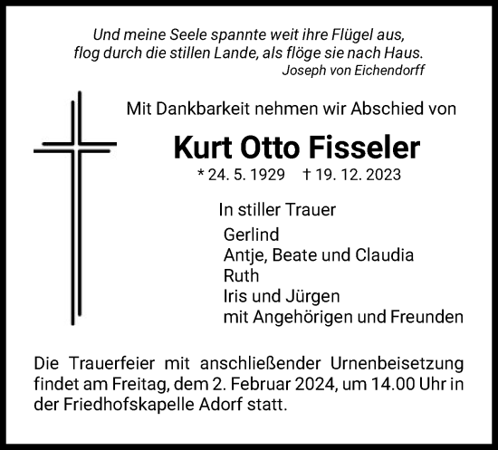 Traueranzeige von Kurt Otto Fisseler von WLZ