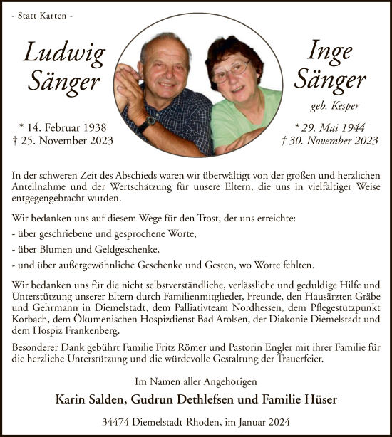 Traueranzeige von Ludwig und Inge Sänger von WLZ