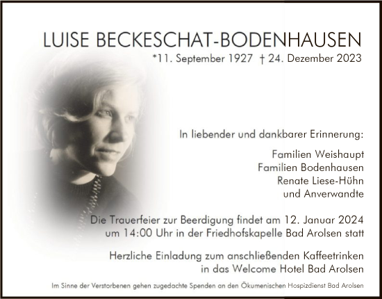 Traueranzeige von Luise Beckeschat-Bodenhausen von WLZ