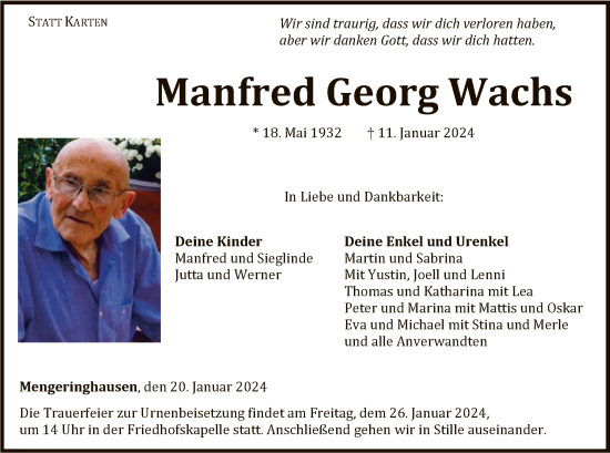 Traueranzeige von Manfred Georg Wachs von WLZ