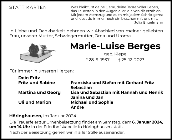 Traueranzeige von Marie-Luise Berges von WLZ