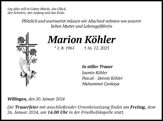 Traueranzeige von Marion Köhler von WLZ
