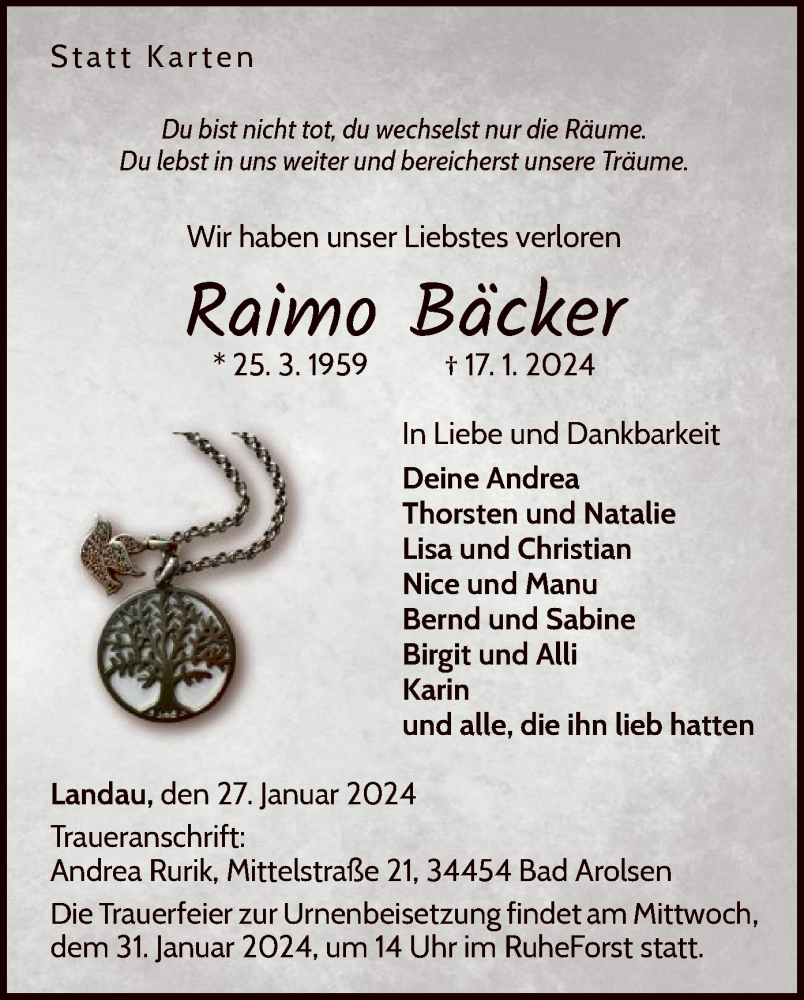  Traueranzeige für Raimo Bäcker vom 27.01.2024 aus WLZ