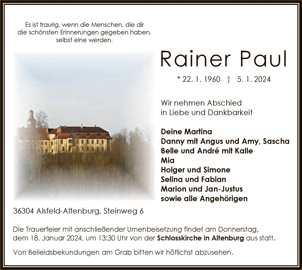 Traueranzeige für Rainer Paul vom 13.01.2024 aus WLZ