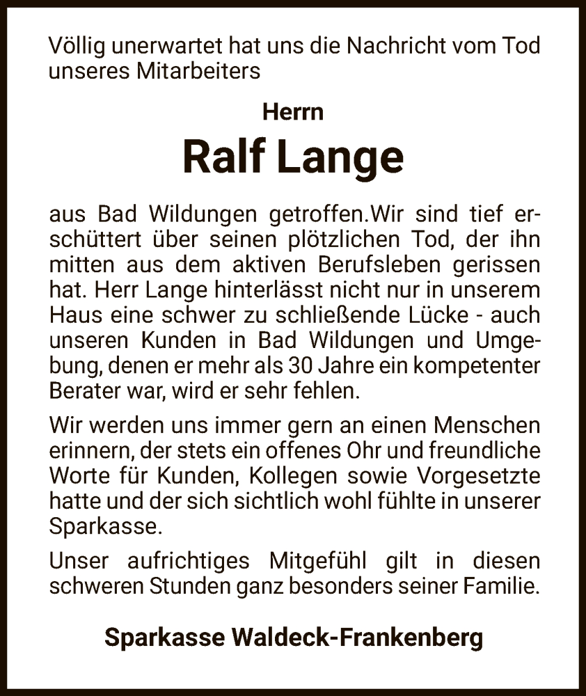 Traueranzeige für Ralf Lange vom 20.01.2024 aus WLZ