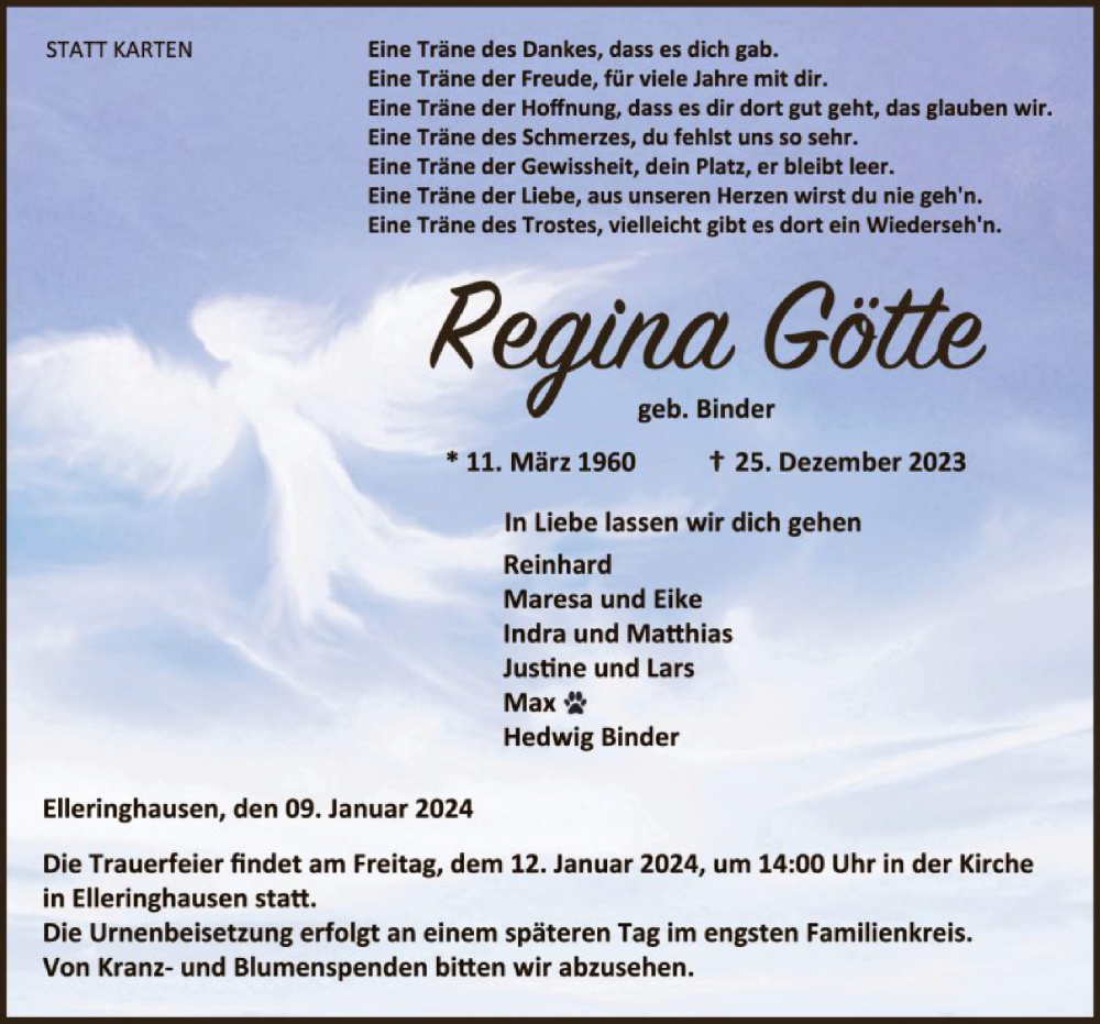  Traueranzeige für Regina Götte vom 09.01.2024 aus WLZWLZWLZ