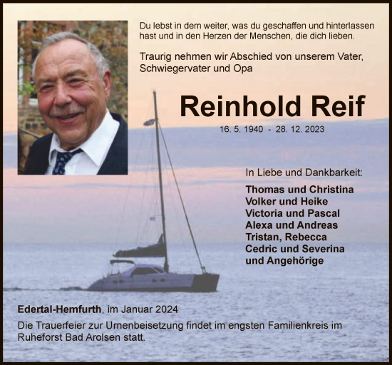 Traueranzeige von Reinhold Reif von HNAWLZ