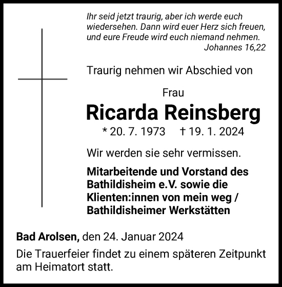 Traueranzeige von Ricarda Reinsberg von WLZ