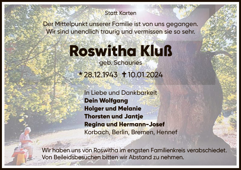  Traueranzeige für Roswitha Kluß vom 23.01.2024 aus WLZ