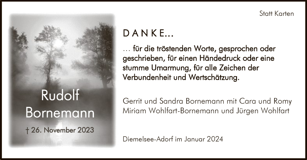  Traueranzeige für Rudolf Bornemann vom 27.01.2024 aus WLZ