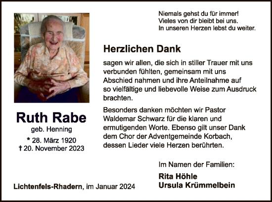 Traueranzeige von Ruth Rabe von WLZ