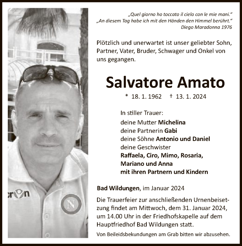  Traueranzeige für Salvatore Amato vom 27.01.2024 aus WLZ
