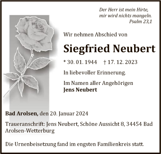 Traueranzeige von Siegfried Neubert von WLZ