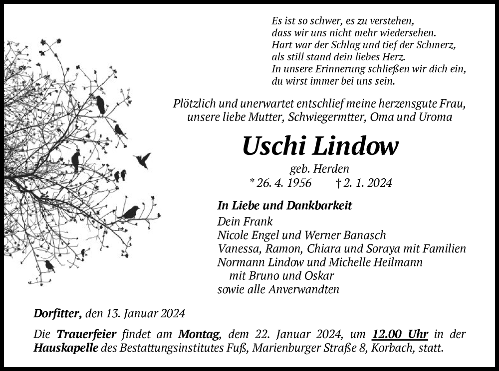  Traueranzeige für Uschi Lindow vom 13.01.2024 aus WLZ