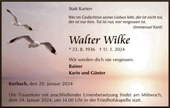 Traueranzeige von Walter Wilke von WLZ