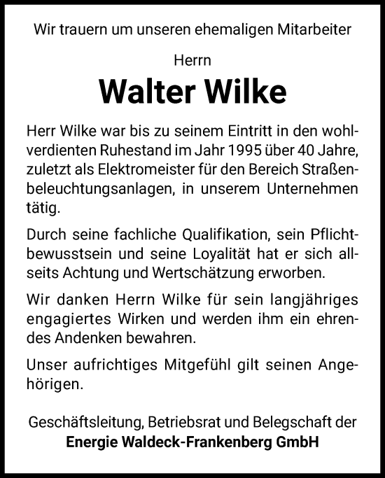 Traueranzeige von Walter Wilke von WLZ