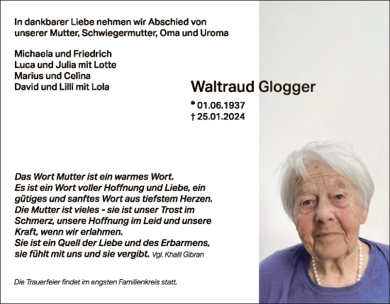 Traueranzeige von Waltraud Glogger von WLZ