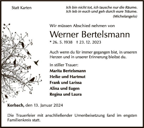 Traueranzeige von Werner Bertelsmann von WLZ