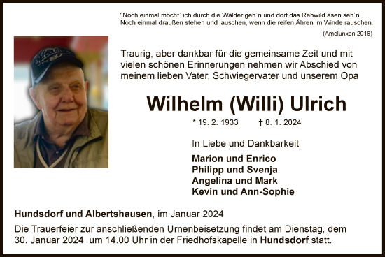 Traueranzeige von Wilhelm Ulrich von WLZ
